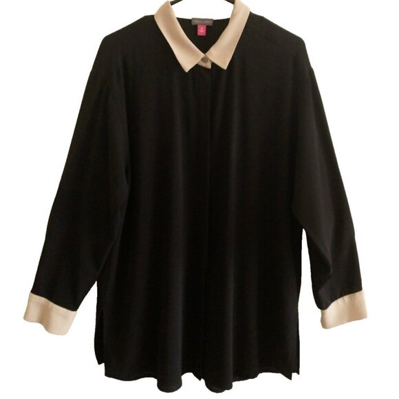 Vince Camuto Tunic Blouse Two-Tone Poly Crepe Relaxed Long Sleeve Split Hem - M - Picture 1 of 8